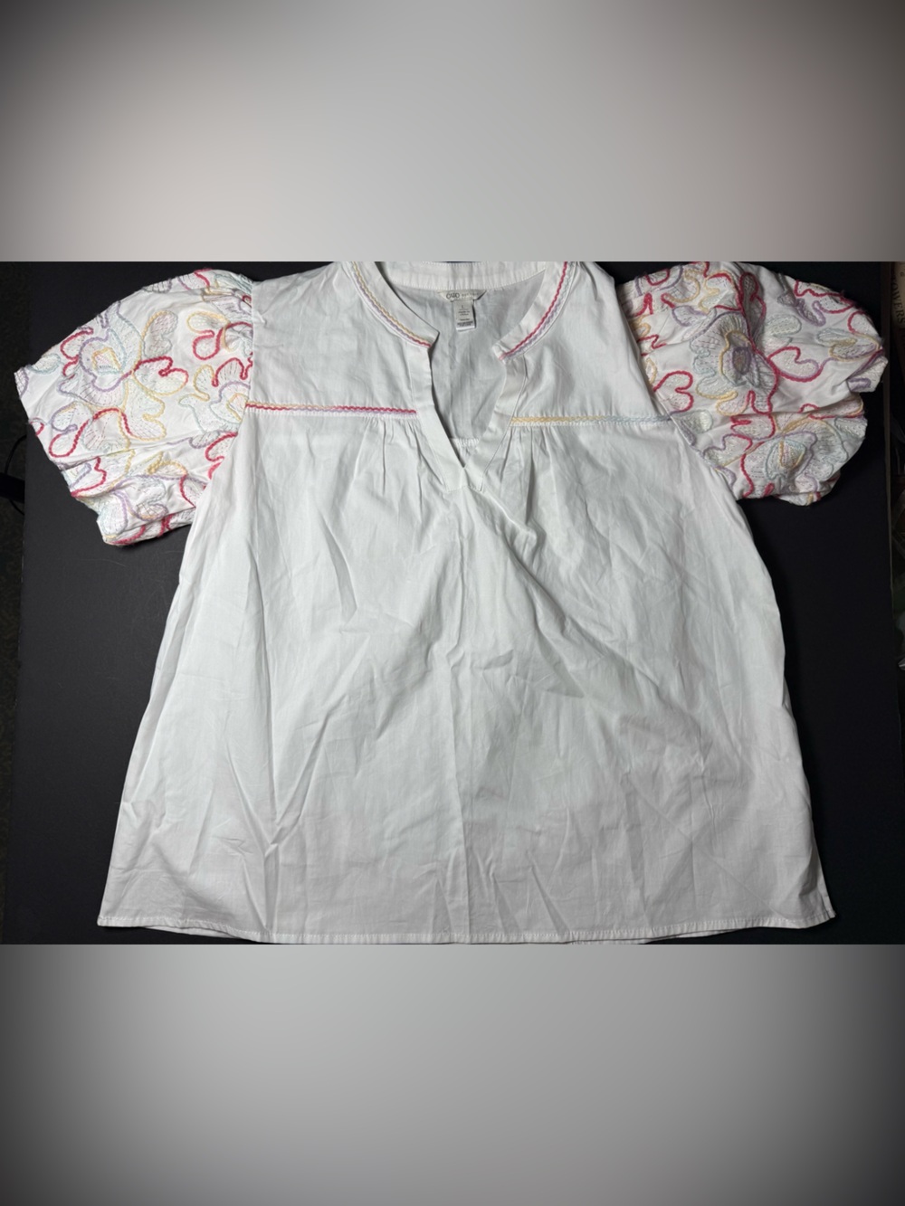 Cato White Cotton Embroidered Puff Sleeve Peasant Blouse Large pastel floral